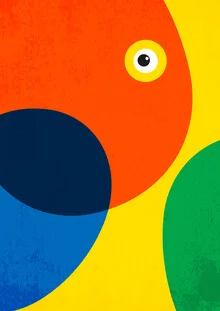 Abstract illustration featuring playful shapes and an eye in vibrant colors.