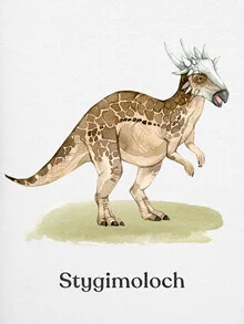 Illustration by Gal Pittel: cute Stygimoloch in a jungle setting.