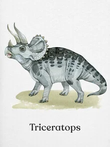 Illustration of a Triceratops in soft watercolors, depicted in a friendly and playful manner.