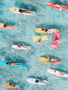 Photo art by Gal Pittel: women surfing under cloudy skies, relaxed summer vibes