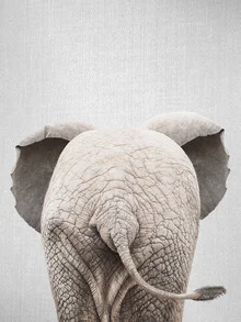 Wall art of a cute elephant with a prominent tail in soft colors.