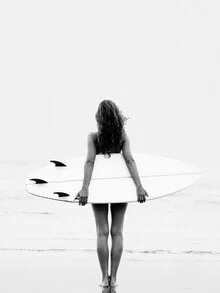 Photo art by Gal Pittel: Surfer girl on the beach with gentle waves in the background