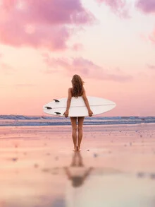 Photo art by Gal Pittel: Woman with surfboard at sunset on the beach.