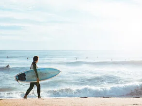 Photo art by Gal Pittel: relaxed beach scene in Israel with surfers and waves