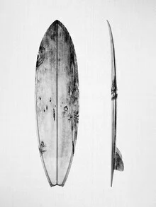Wall art: surfboard on wood, minimalist depiction in black and white
