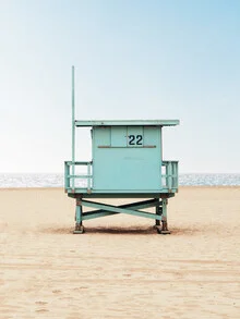 Photo art by Gal Pittel: Beach with surfer and lifeguard tower under blue sky