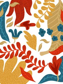 Illustration by Uma Gokhale: botanical pattern featuring tropical plants and vibrant flowers