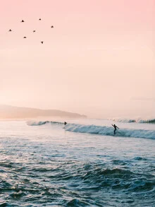 Wall art: Surfer at sunset, gentle waves and warm colors at a California beach.