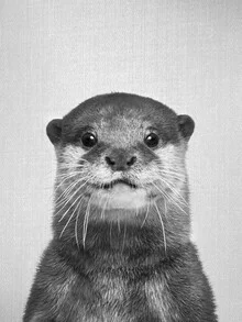 Fotokunst von Gal Pittel: verspielter Seeotter am Strand in Schwarz-Weiß
