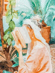 Illustration of a modern woman with a book and palm leaves in a relaxed setting
