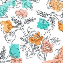 Illustrated floral patterns with soft colors and botanical elements by Uma Gokhale.