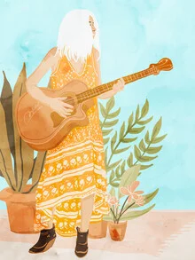 Illustration of a woman with a guitar in pastel botanical style.
