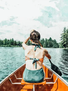 Wall art by Uma Gokhale: Woman confidently paddling on a calm river.