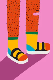 Colorful illustration featuring long hair and feminist symbols in vibrant hues