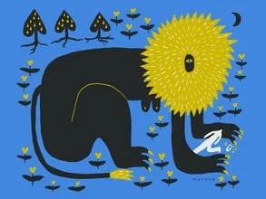 Farbenfrohe Illustration eines Löwenweibchens, vermittelt eine ruhige und freundliche Stimmung.
