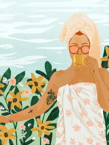 Illustration of a woman with Earl Grey tea in a sunny garden.