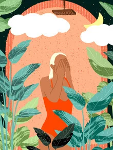 Wall art by Uma Gokhale: A woman beneath a colorful, starry sky.