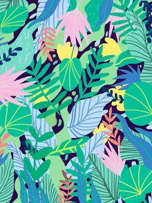 Wall art featuring a botanical pattern, vibrant green leaves in a jungle style.