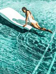 Illustration of a relaxing pool day with summery colors and a woman in the water.