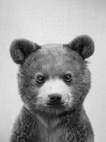 Photo art: cute baby bear in black and white, calm mood in the woods.