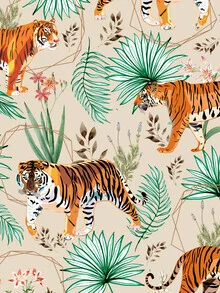 Wall art featuring a tropical design: tigers and plants in harmonious colors.