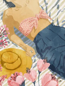 Wall art by Uma Gokhale: Woman enjoys a relaxing day at the beach surrounded by flowers and summer vibes.