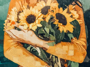 Wall art by Uma Gokhale: illustration of a person holding sunflowers outdoors