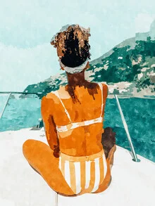 Wall art by Uma Gokhale: watercolor of a happy woman on the beach in summer