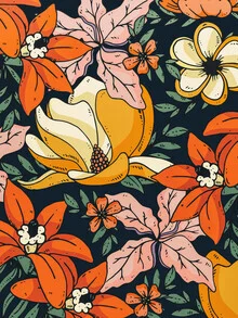 Wall art featuring colorful dark floral designs in a mystical forest