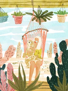 Illustration of a woman with a dog in a desert landscape, warm and inviting atmosphere