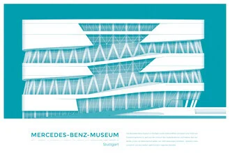 Illustration des Mercedes-Benz Museums in Stuttgart, moderne Architektur mit sanften Linien.