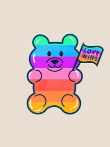Colorful wall art featuring a cute rainbow bear in a joyful mood.
