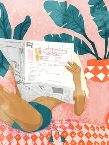 Illustrated newspaper featuring tropical banana leaves in soft colors.