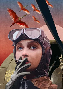 Illustration of a female vintage pilot in a retro airplane