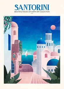 Illustrierte Landschaft von Santorini mit sanften Hügeln und blühender Botanik.