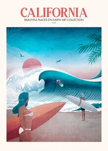 Wall art featuring a calm beach scene in California, conveying a summer vibe.