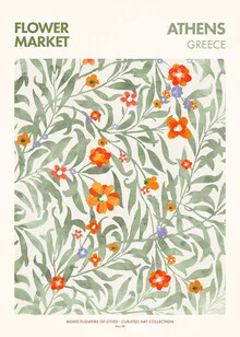 Illustration von einem Blumenmarkt in Athen mit bunten Blumen und fröhlicher Stimmung