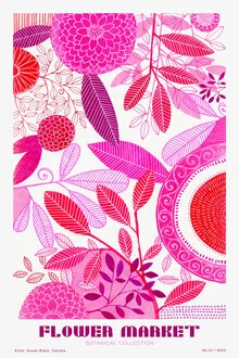 Wandbild mit bunten Blumen in einem lebhaften Blumenmarkt, fröhliche und einladende Stimmung.