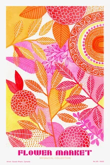 Wandbild mit bunten Blumen, das einen lebhaften Blumenmarkt darstellt.