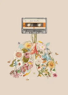 Colorful illustration with flowers and a cassette, conveying a relaxed mood.