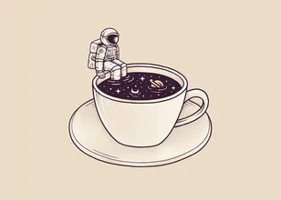 Wandbild von The Artcircle: Astronaut genießt eine Pause im Weltraum mit Kaffee.
