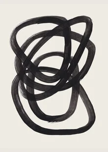 Wandbild mit spiralförmigen schwarzen Linien auf hellem Hintergrund.