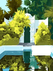 Illustration by Uma Gokhale: colorful depiction of Mughal architecture in India