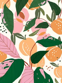 Wall art depicting a tropical garden with peaches and plants in soft colors.
