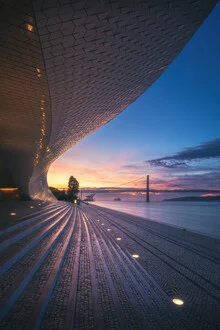 Photo art by Jean Claude Castor: sunrise over Lisbon featuring MAAT and Ponte Abril 25