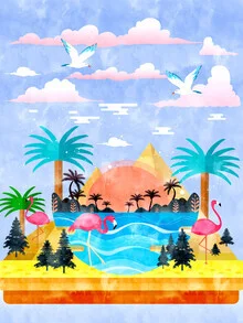 Wall art by Uma Gokhale: colorful oasis with exotic animals and plants in summer