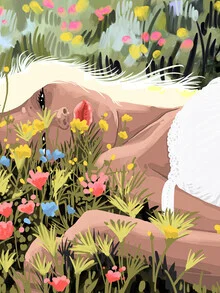Wall art by Uma Gokhale: Woman in a colorful flower meadow, joyful spring mood.