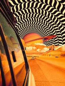 Wall art featuring a surreal illustration of a psychedelic road trip