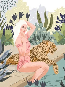 Wall art: a woman with a cheetah in a tropical setting, warm summer vibe