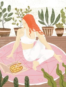 Wall art by Uma Gokhale: relaxing yoga scene with pizza and plants